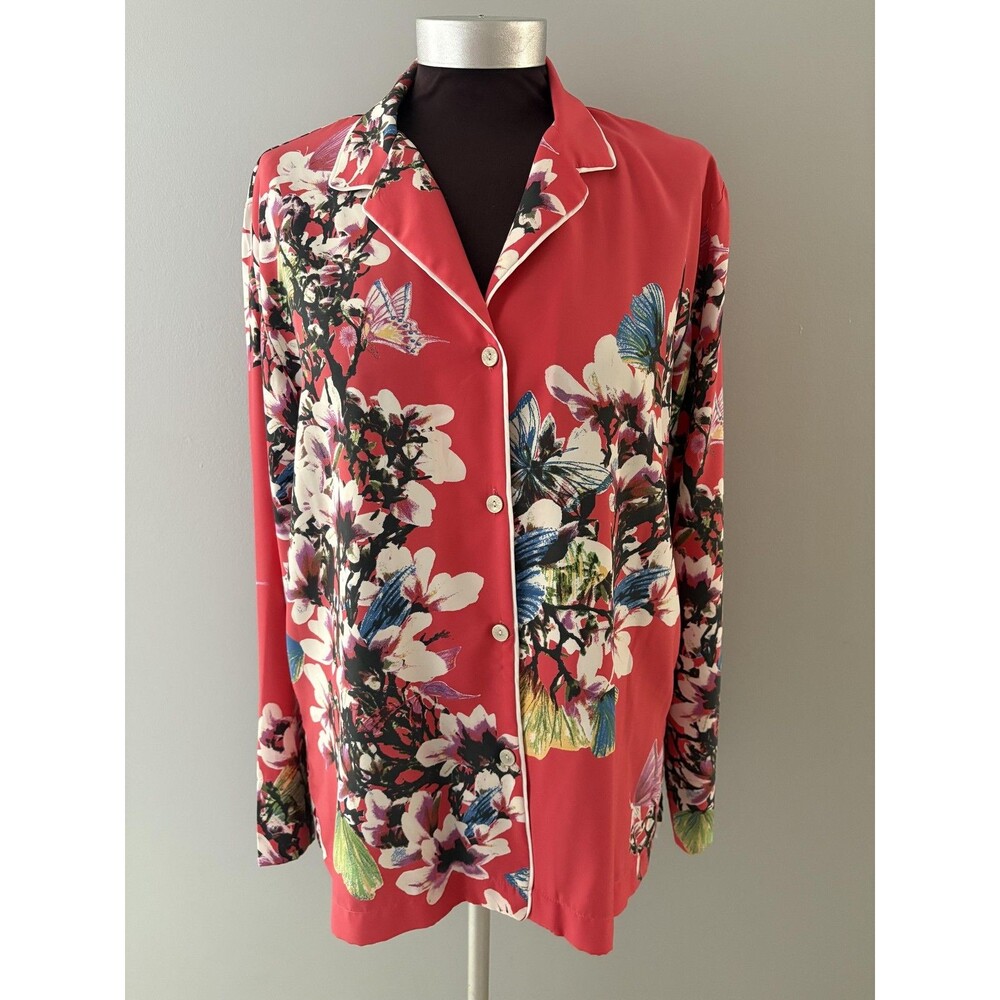Natori Pajama Shirt Womens Medium Floral Butterfly Print Button Up Lounge Top